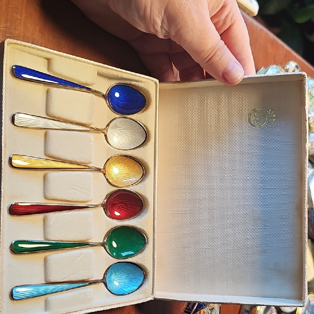David Andersen Sterling Gilt Guilloche Demitasse Spoon Boxed Set Of 6